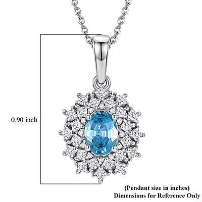 D'Joy Premium Cambodian Blue Zircon and Moissanite 1.70 ctw Azure Sunflare Pendant Necklace in Rhodium Over Sterling Silver 20 Inches