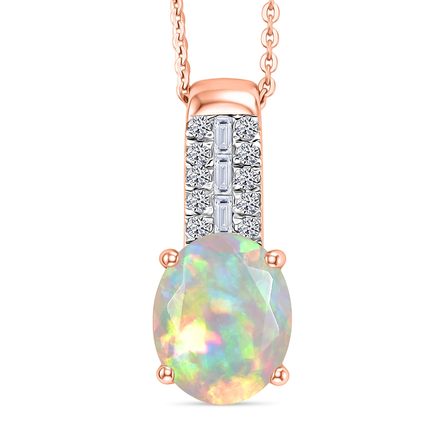 Premium Ethiopian Welo Opal and Luxuriant Lab Grown Diamond G-H SI 2.35 ctw Pendant Necklace in 18K Vermeil Rose Gold Over Sterl
