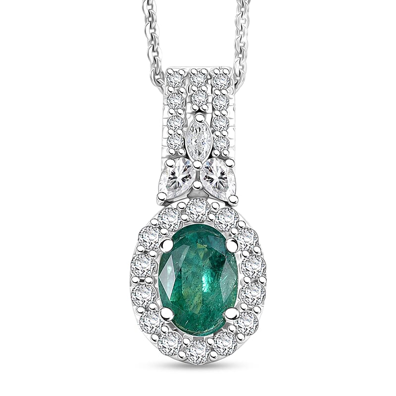 Certified & Appraised D'Joy Premium Kagem Zambian Emerald and Moissanite 1.20 ctw Pendant Necklace in Rhodium Over Sterling Silver 18 Inches