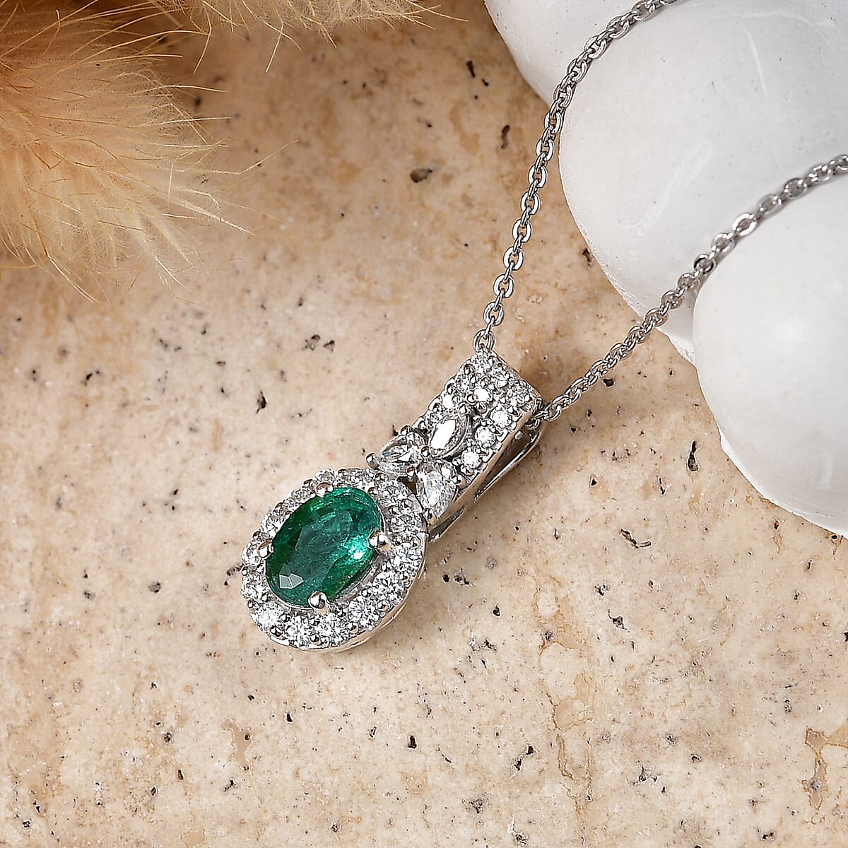 Certified & Appraised D'Joy Premium Kagem Zambian Emerald and Moissanite 1.20 ctw Pendant Necklace in Rhodium Over Sterling Silver 18 Inches (Ships in 10-15 Days)  image number 1