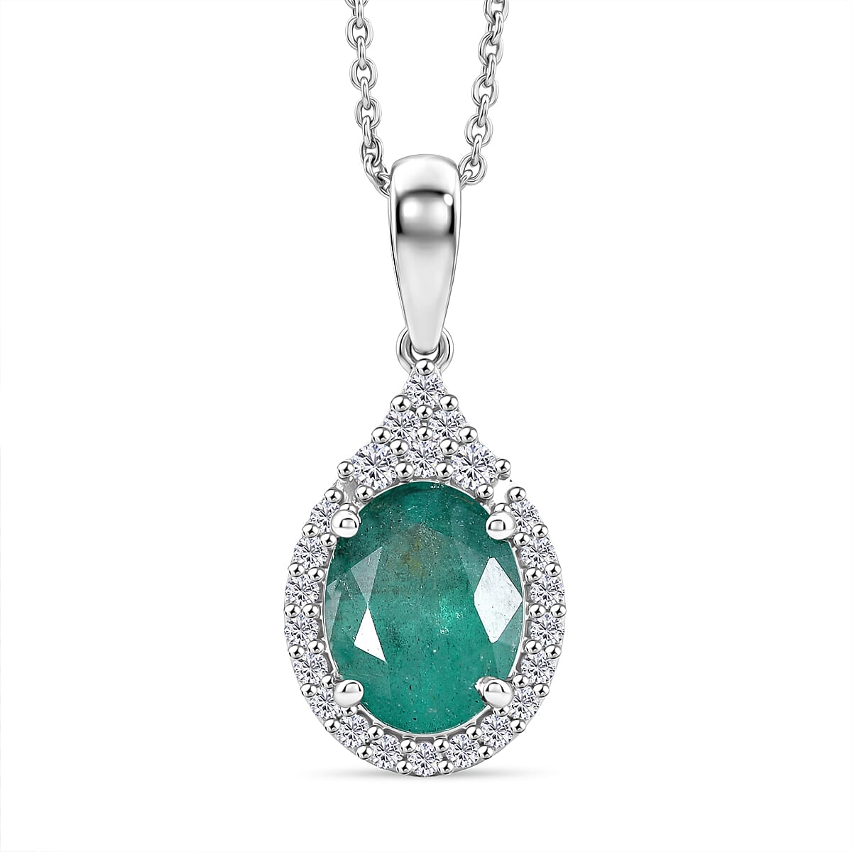 Certified & Appraised D'Joy Premium Kagem Zambian Emerald and Moissanite 2.10 ctw Pendant Necklace in Rhodium Over Sterling Silver 18 Inches