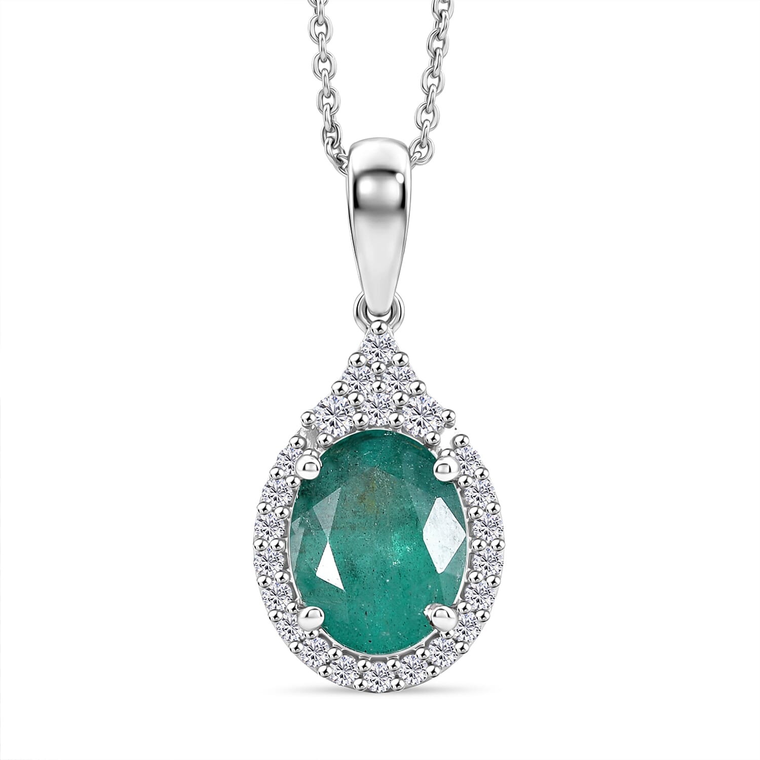 Certified & Appraised D'Joy Premium Kagem Zambian Emerald and Moissanite 2.10 ctw Pendant Necklace in Rhodium Over Sterling Silv