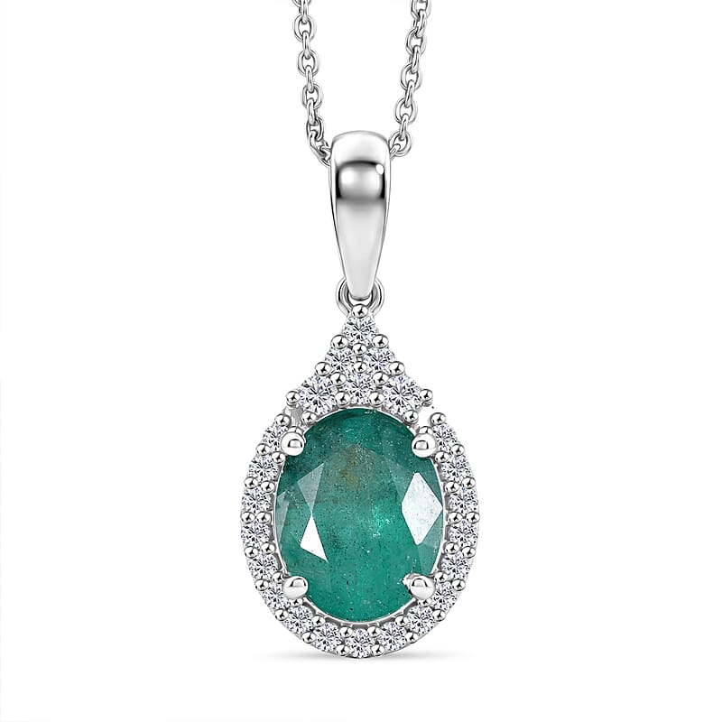 Certified & Appraised D'Joy Premium Kagem Zambian Emerald and Moissanite 2.10 ctw Pendant Necklace in Rhodium Over Sterling Silver 18 Inches