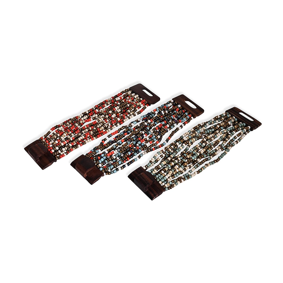 Set of 3 - Multi Strand Seed Bead Bracelet with Wooden Claps image number 5