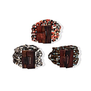 Set of 3 - Multi Strand Seed Bead Bracelet with Wooden Claps
