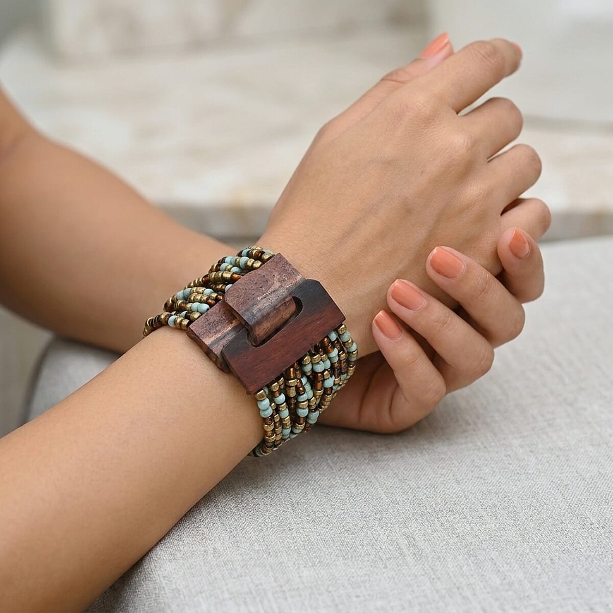 Set of 3 - Multi Strand Seed Bead Bracelet with Wooden Claps image number 2