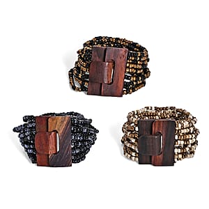 Set of 3 - Multi Strand Seed Bead Bracelet with Wooden Claps