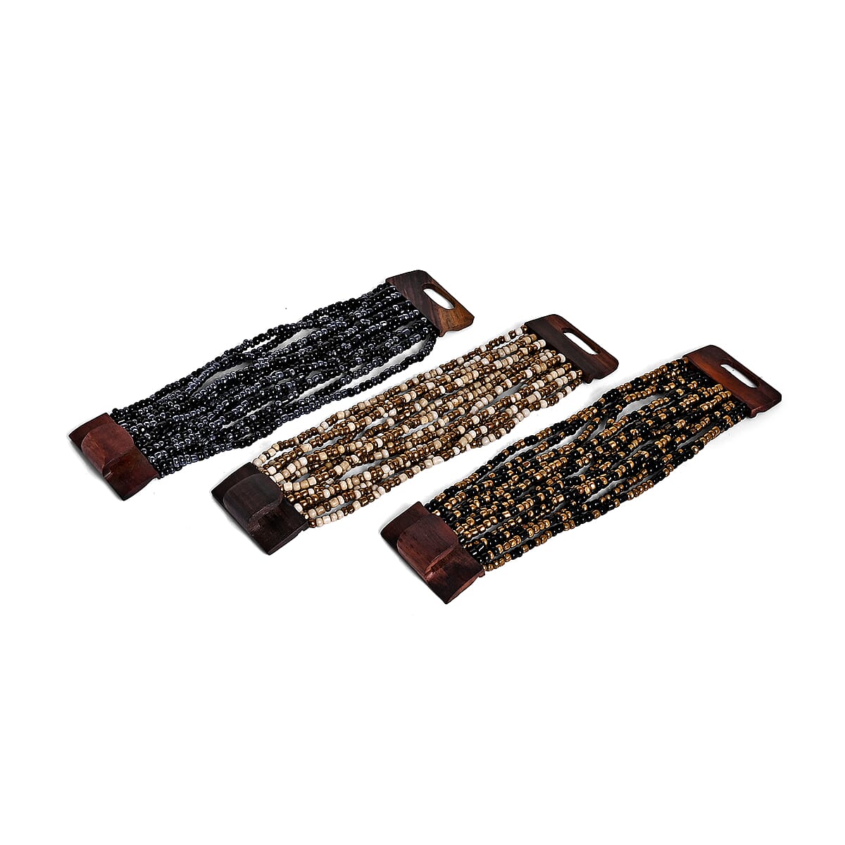 Set of 3 - Multi Strand Seed Bead Bracelet with Wooden Claps image number 5
