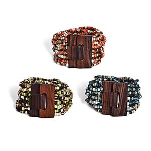 Set of 3 - Multi Strand Seed Bead Bracelet with Wooden Claps