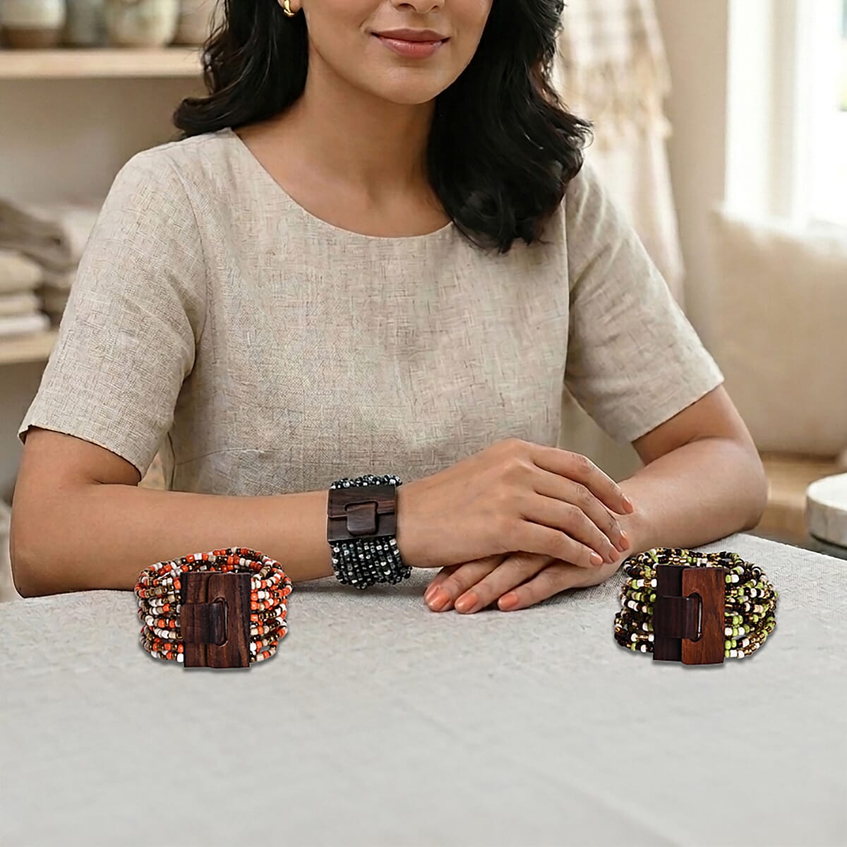 Set of 3 - Multi Strand Seed Bead Bracelet with Wooden Claps image number 1