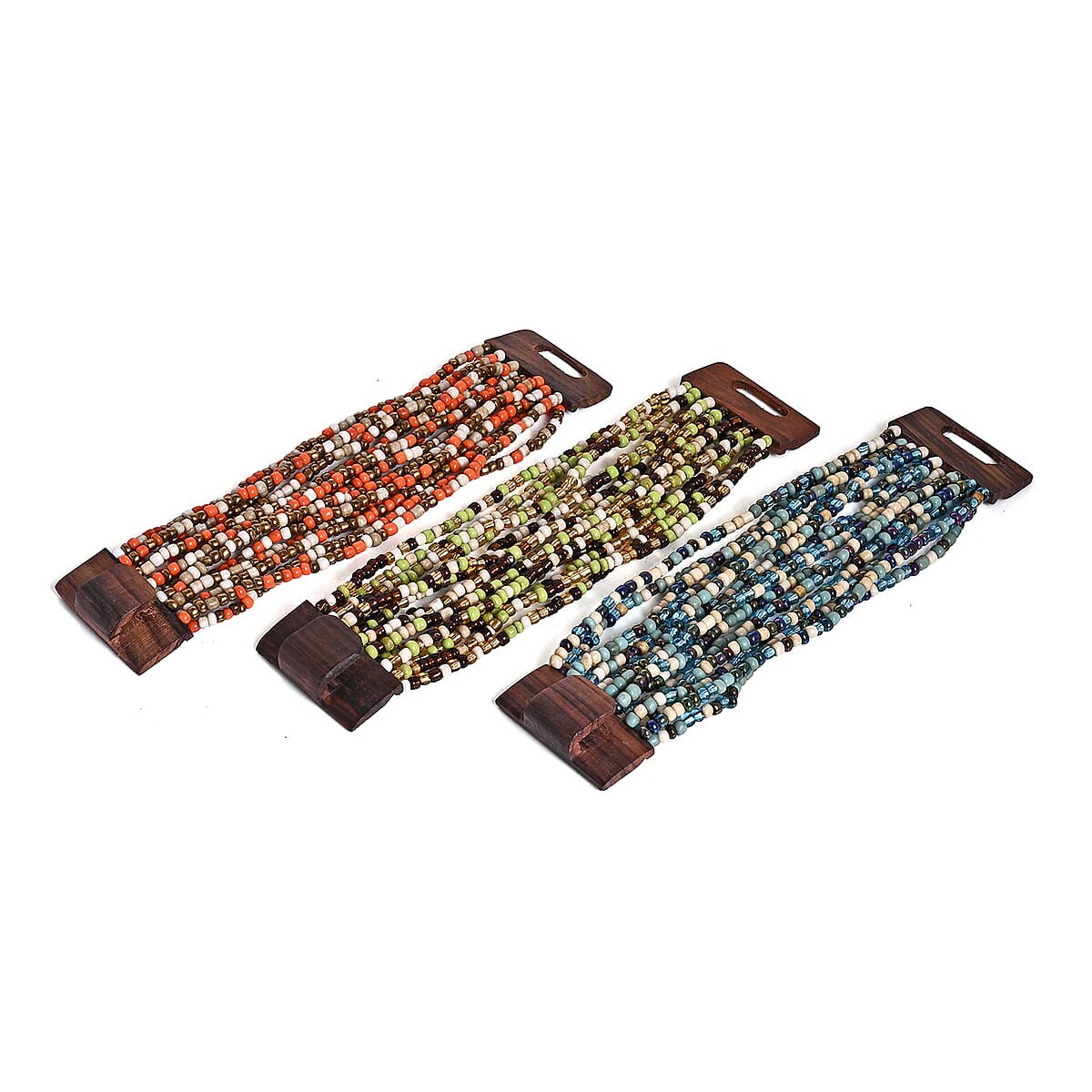 Set of 3 - Multi Strand Seed Bead Bracelet with Wooden Claps image number 5