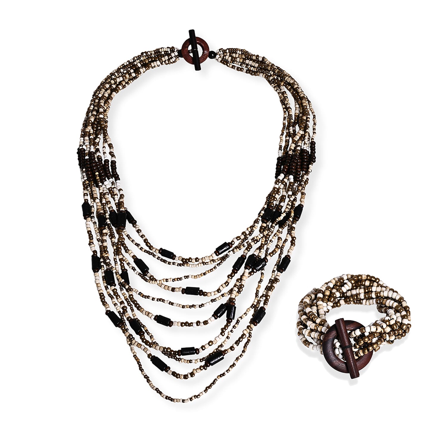 Multi Strand Seed Bead Necklace and Bracelet Set in Bone Bronze with Wood Toggle Clasp