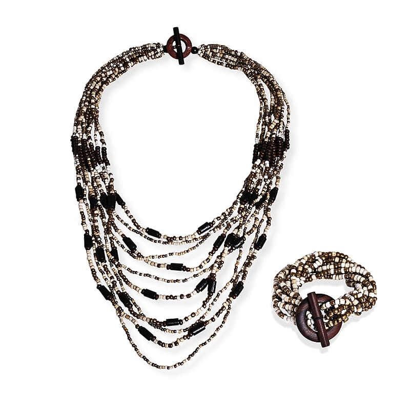 Multi Strand Seed Bead Necklace and Bracelet Set in Bone Bronze with Wood Toggle Clasp