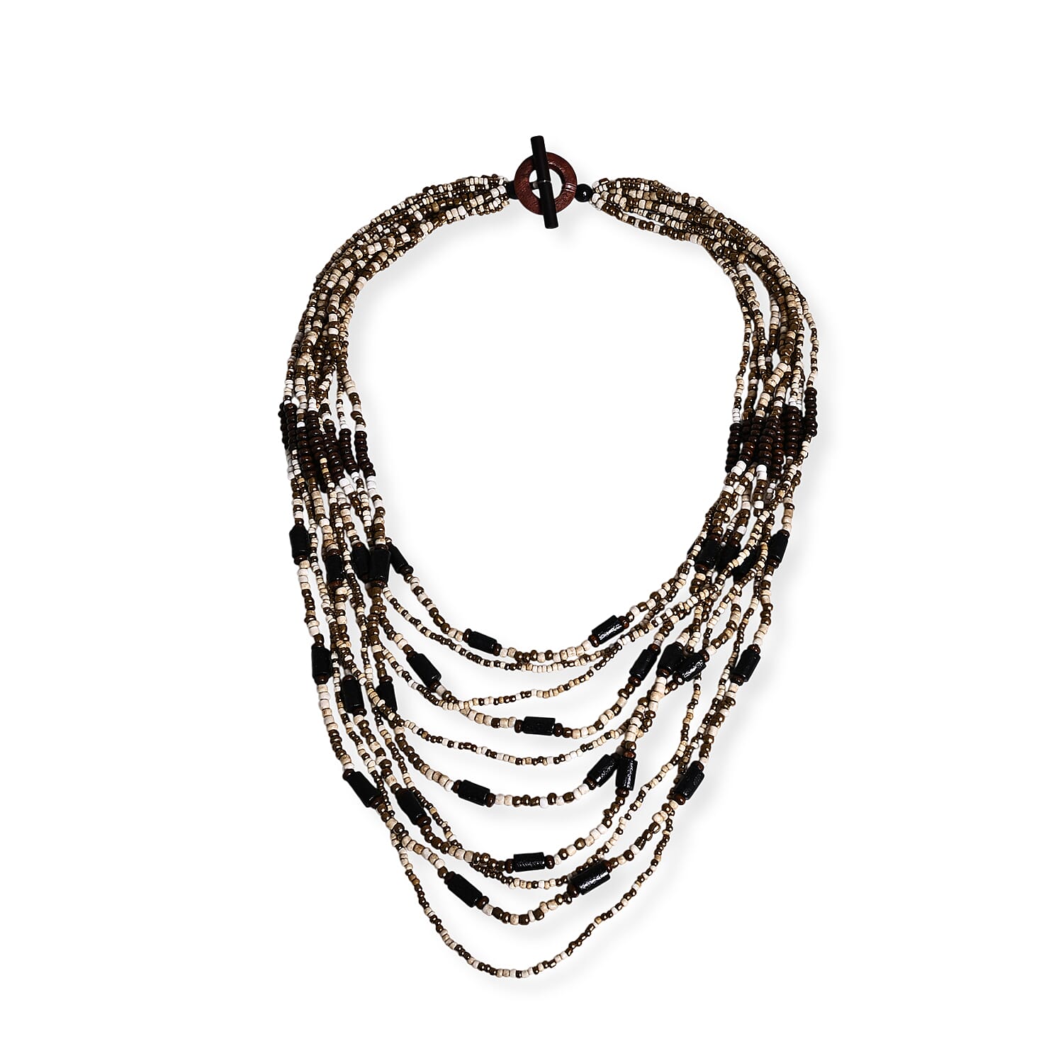 Multi Strand Seed Bead Necklace and Bracelet Set in Bone Bronze with Wood Toggle Clasp