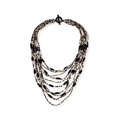 Multi Strand Seed Bead Necklace and Bracelet Set in Bone Bronze with Wood Toggle Clasp