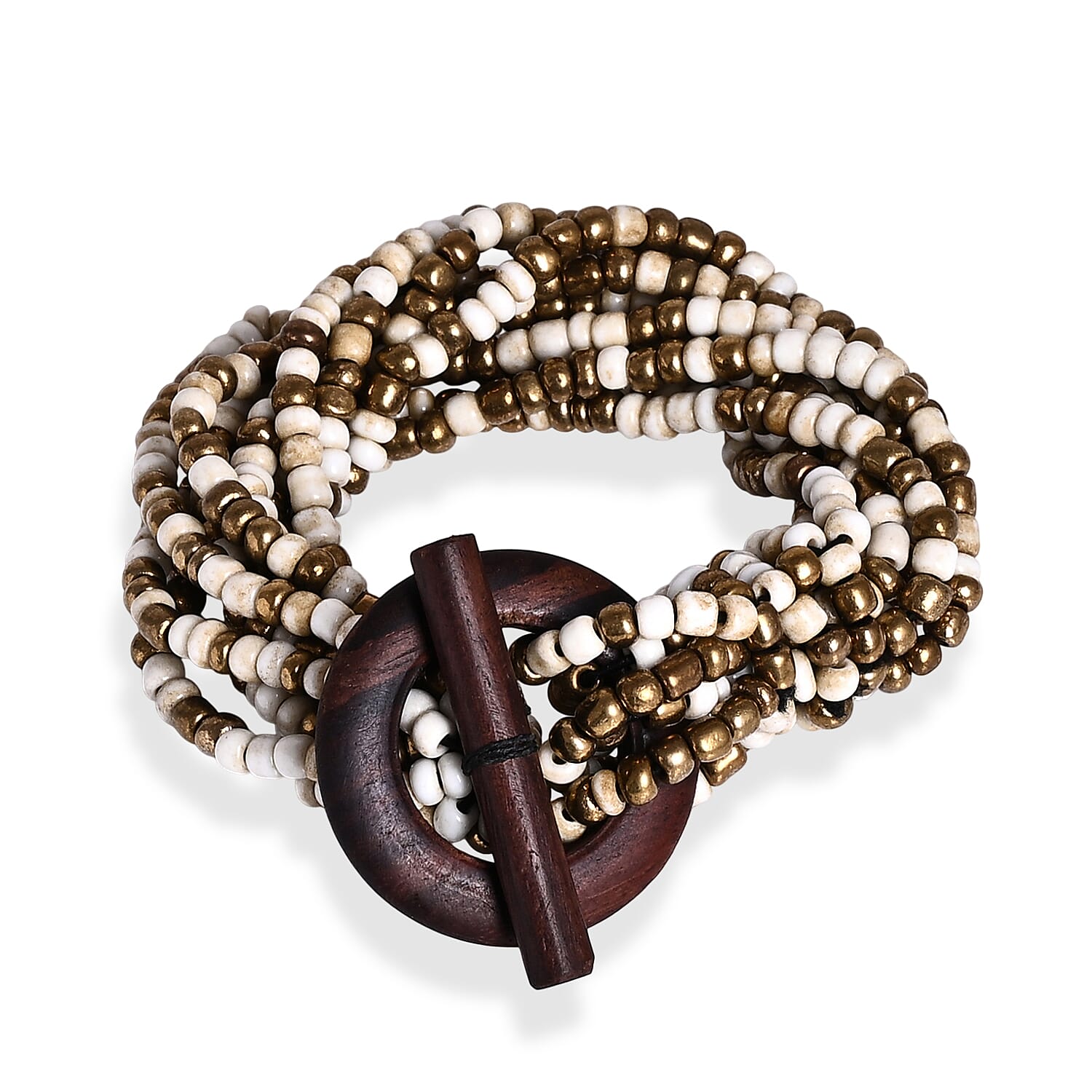 Multi Strand Seed Bead Necklace and Bracelet Set in Bone Bronze with Wood Toggle Clasp