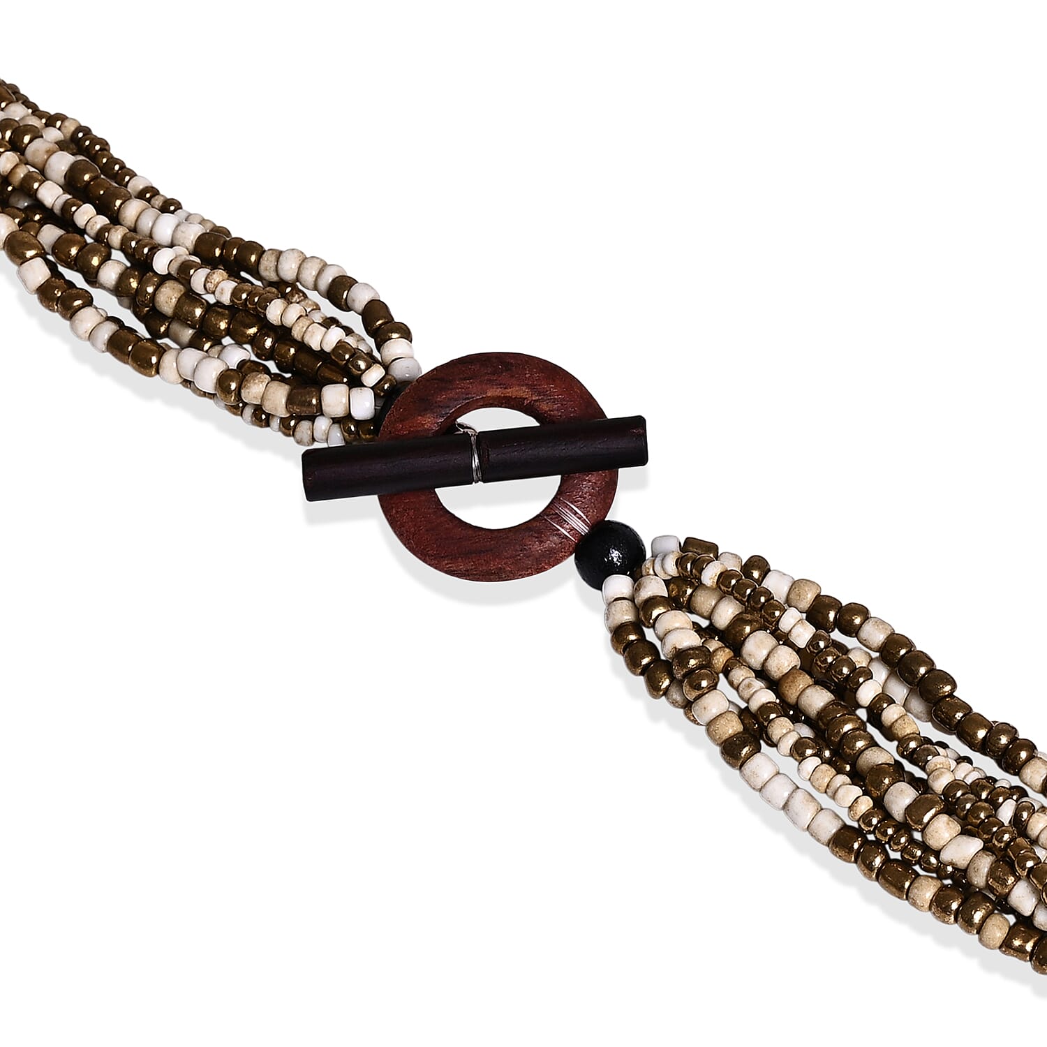 Multi Strand Seed Bead Necklace and Bracelet Set in Bone Bronze with Wood Toggle Clasp