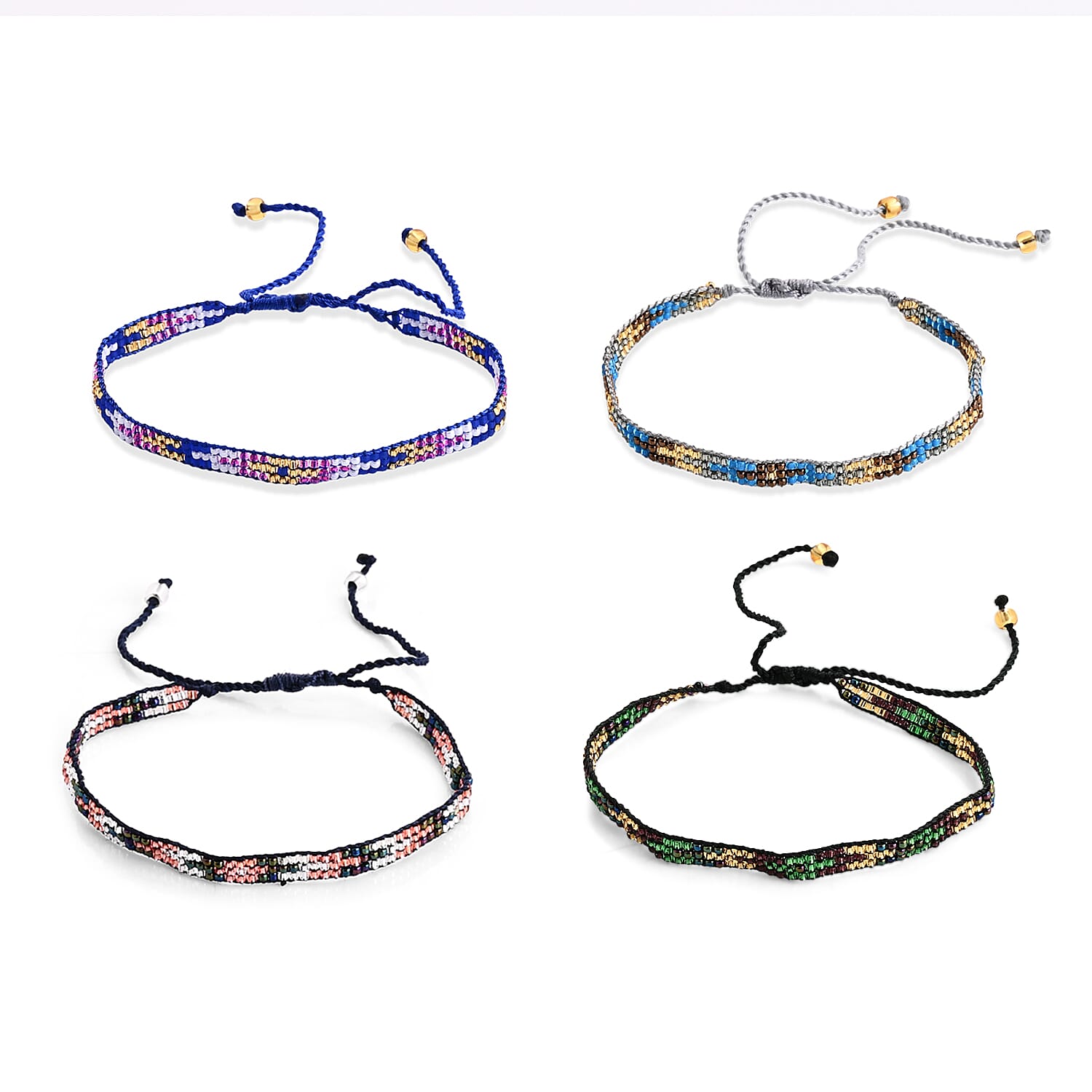 SET OF 4 - 3 Row Multi Color Adjustable Beaded Bracelet with Pattern