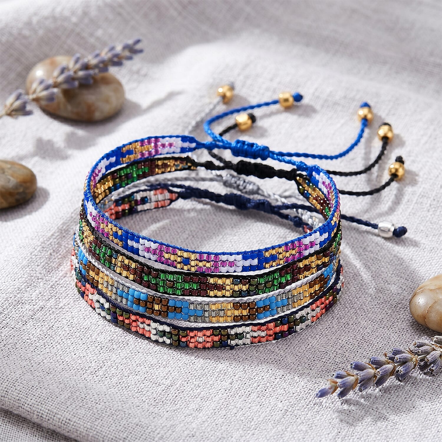SET OF 4 - 3 Row Multi Color Adjustable Beaded Bracelet with Pattern