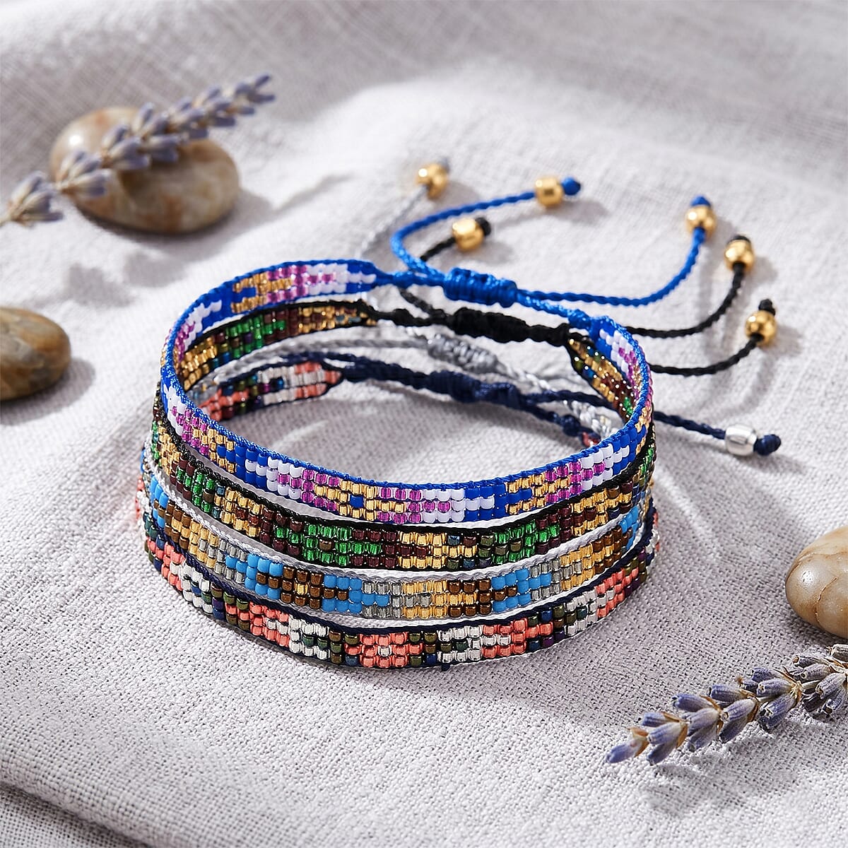 SET OF 4 - 3 Row Multi Color Adjustable Beaded Bracelet with Pattern image number 1