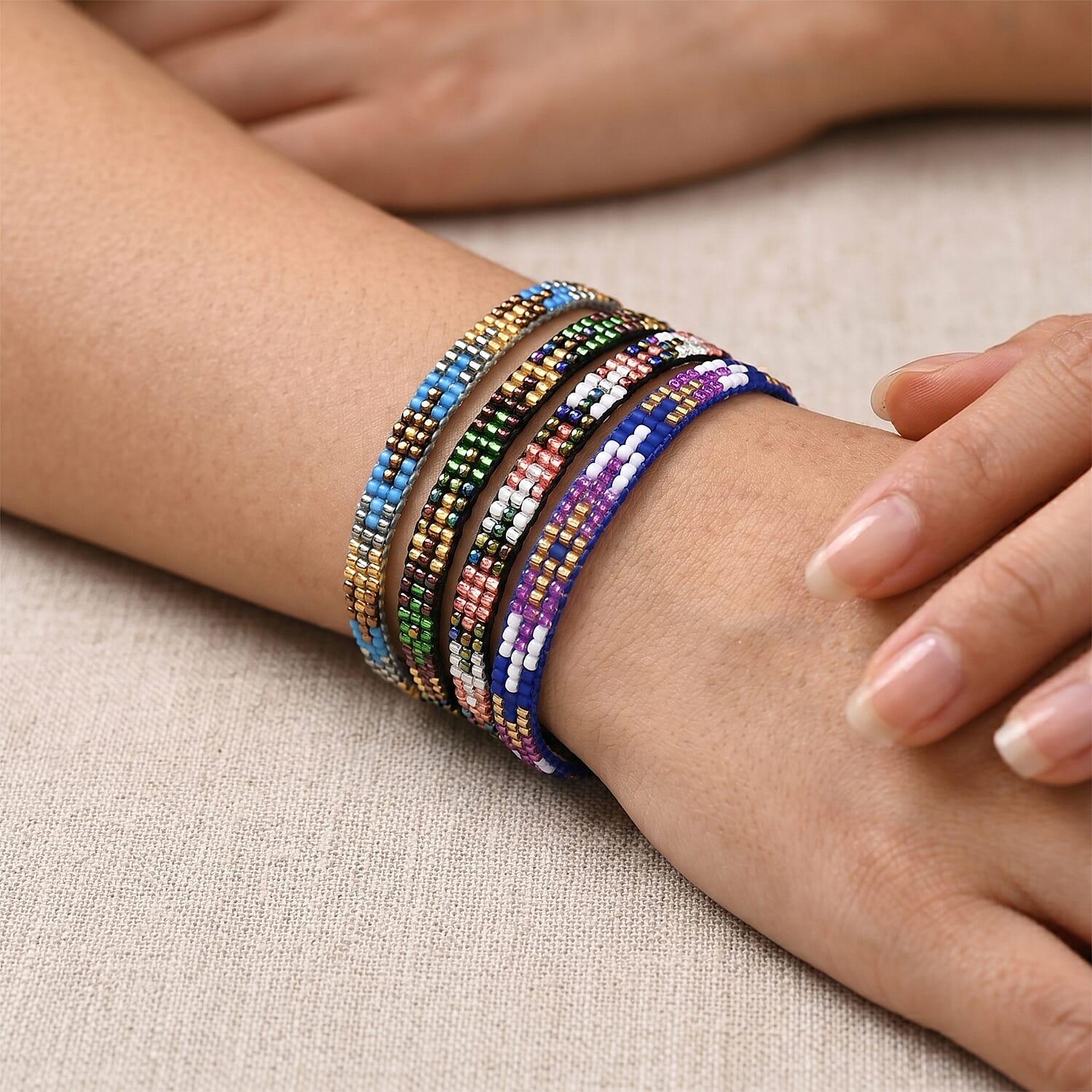 SET OF 4 - 3 Row Multi Color Adjustable Beaded Bracelet with Pattern