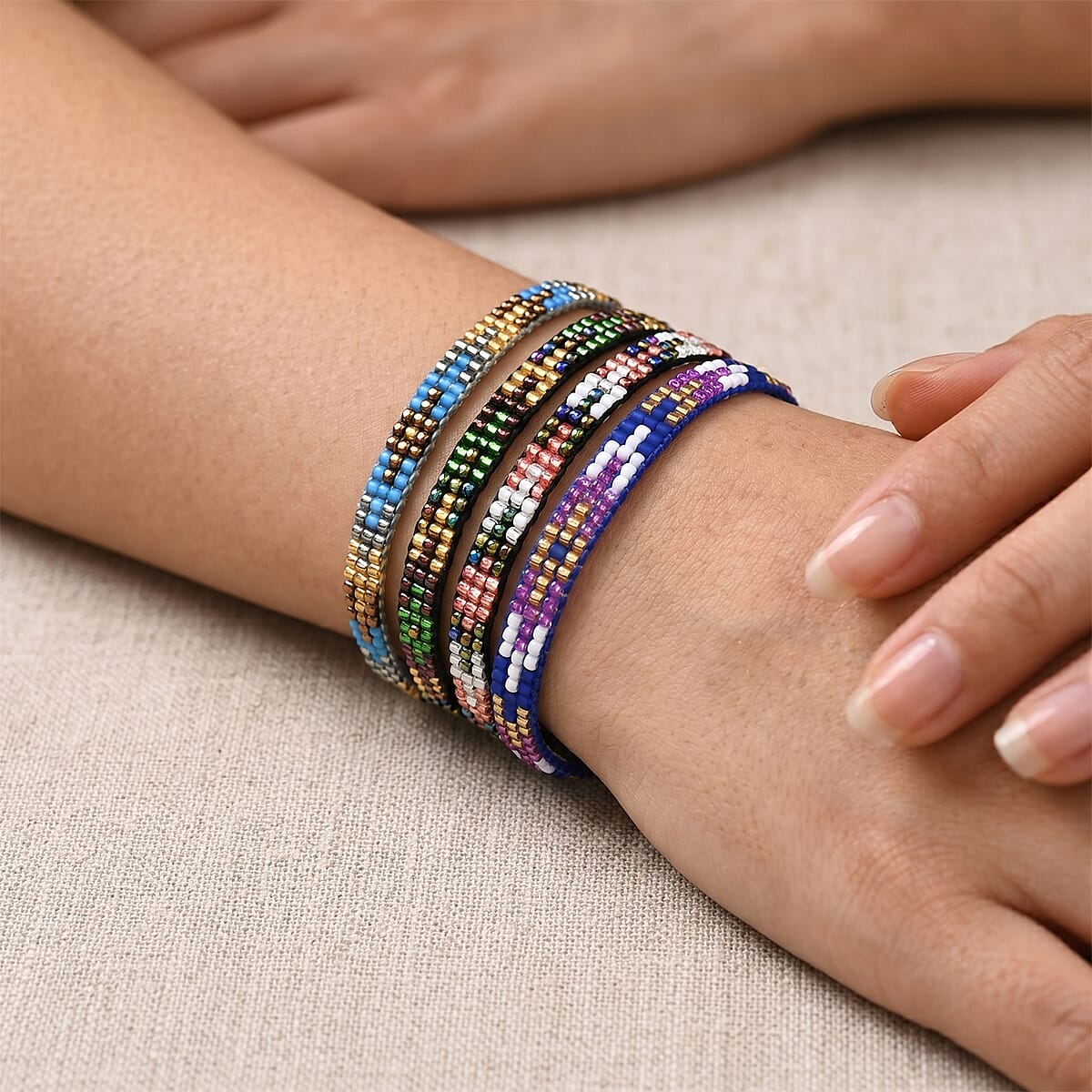 SET OF 4 - 3 Row Multi Color Adjustable Beaded Bracelet with Pattern image number 2