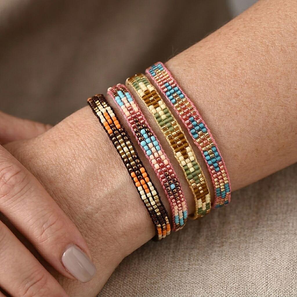 SET OF 4 - 3 Row Multi Color Adjustable Beaded Bracelet with Pattern