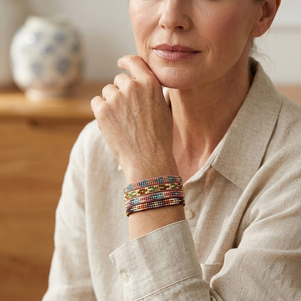 SET OF 4 - 3 Row Multi Color Adjustable Beaded Bracelet with Pattern