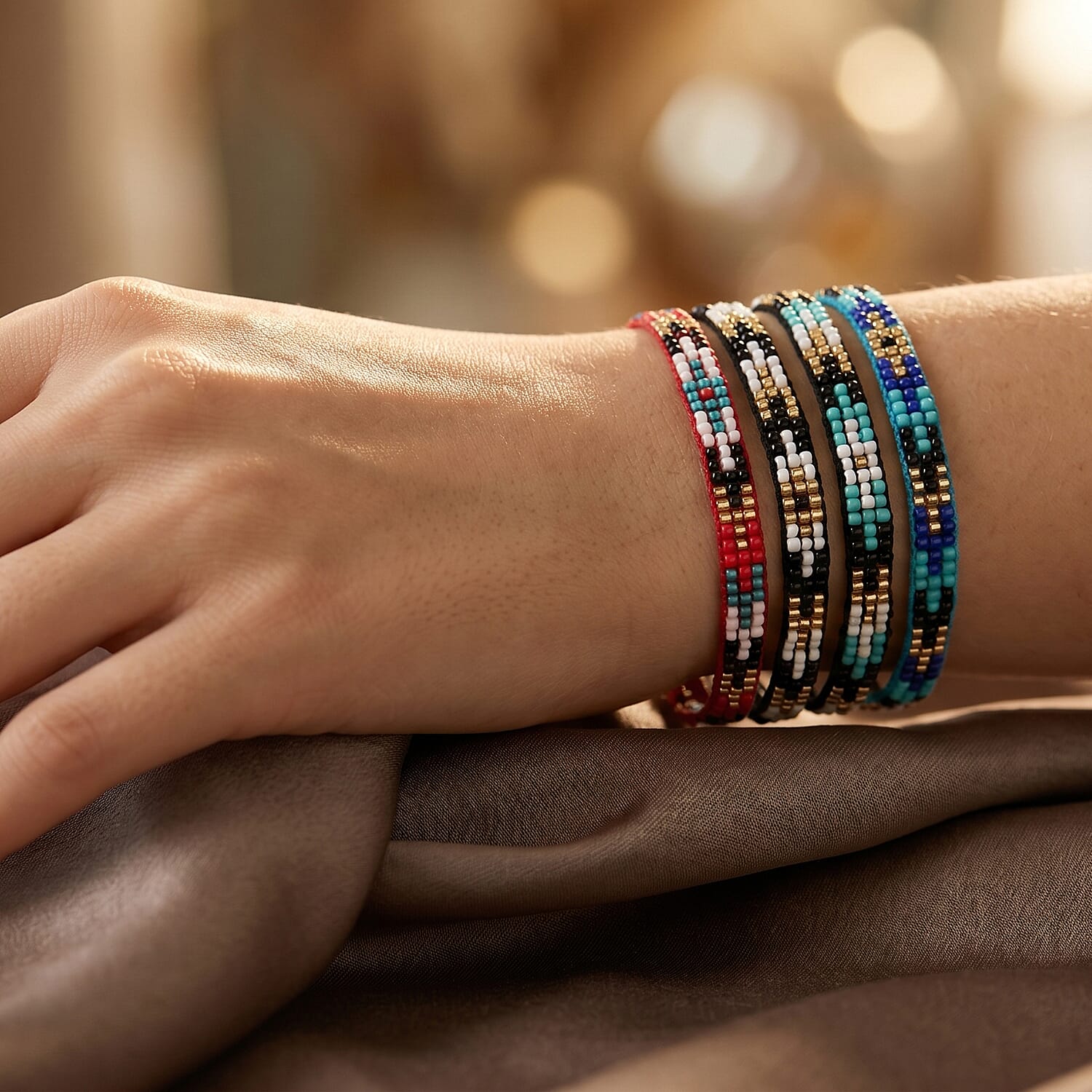SET OF 4 - 3 Row Multi Color Adjustable Beaded Bracelet with Pattern