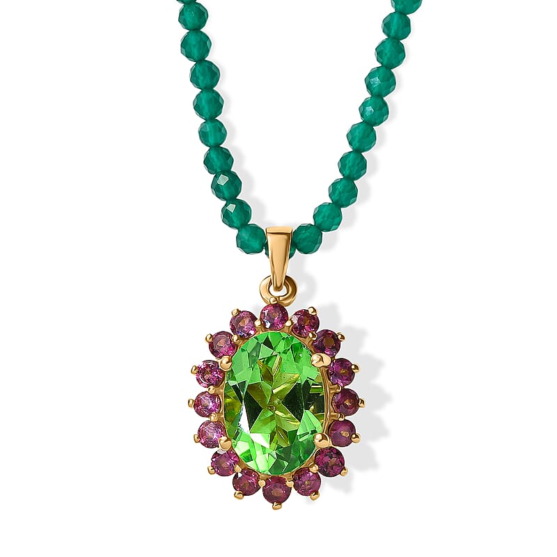 EverTrue Chartreuse Quartz (Triplet) and Orissa Rhodolite Garnet Pendant with Green Onyx Beaded Necklace 20 Inches in 18K YG Plated 19.50 ctw