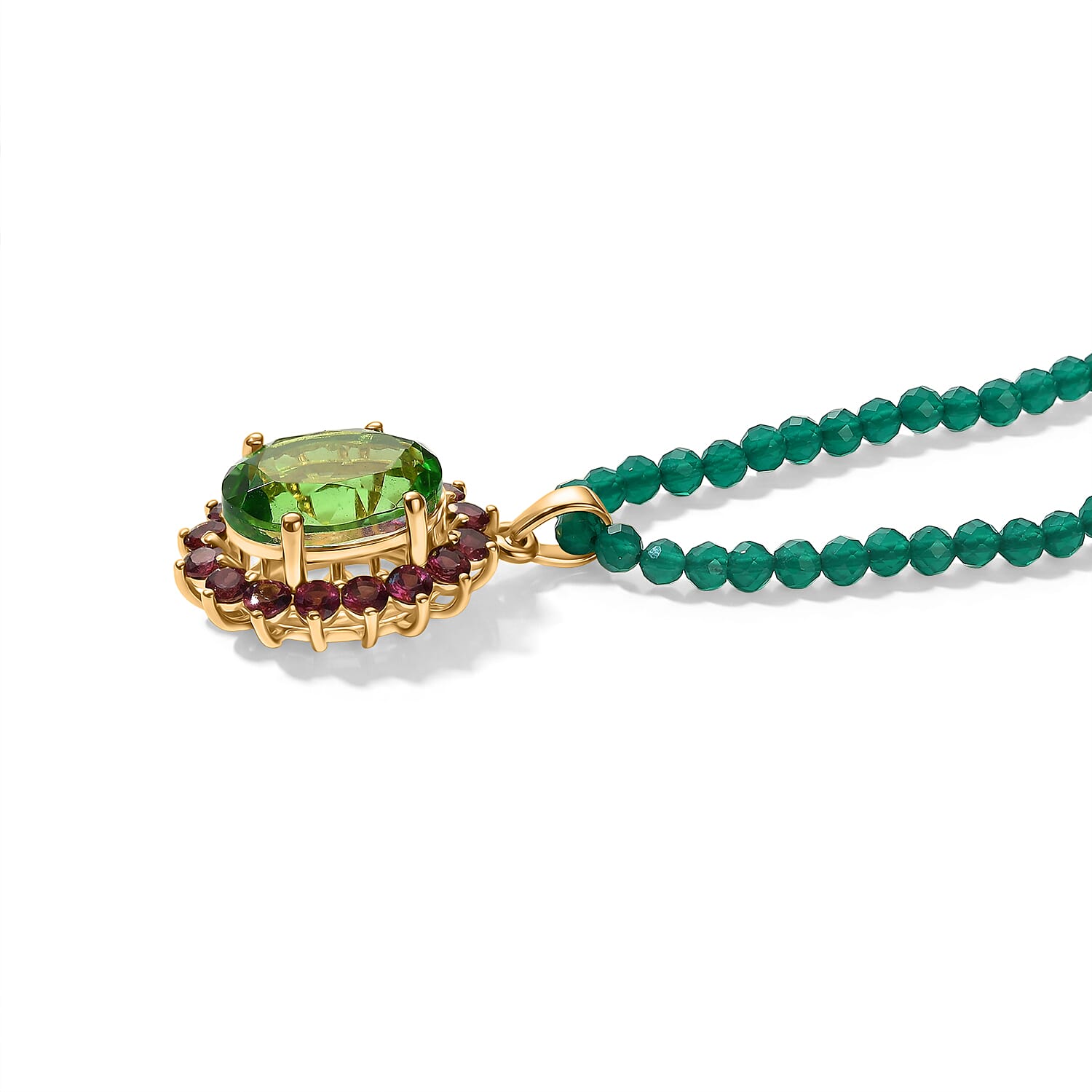 EverTrue Chartreuse Quartz (Triplet) and Orissa Rhodolite Garnet Pendant with Green Onyx Beaded Necklace 20 Inches in 18K YG Plated 19.50 ctw