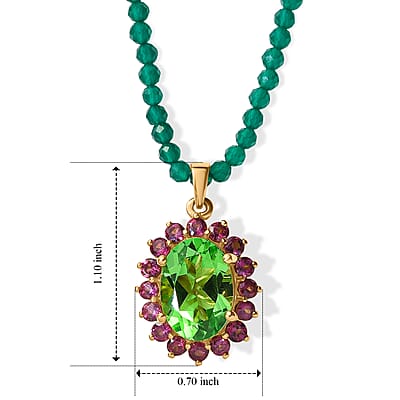 EverTrue Chartreuse Quartz (Triplet) and Orissa Rhodolite Garnet Pendant with Green Onyx Beaded Necklace 20 Inches in 18K YG Plated 19.50 ctw