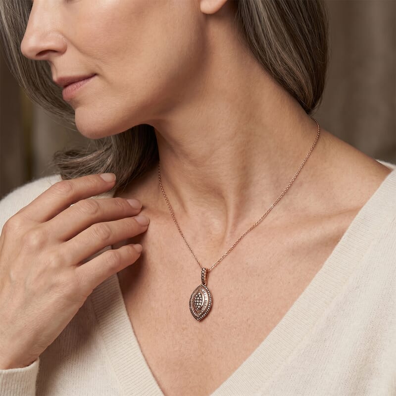 D'Joy Natural Champagne Diamond 1.00 ctw Royal Sunburst Pendant Necklace (20 Inches) in 18K Vermeil Rose Gold Over Sterling Silver