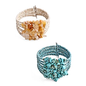 Set of 2 - Rough Stone and Seed Bead Adjustable Cuff Bracelet