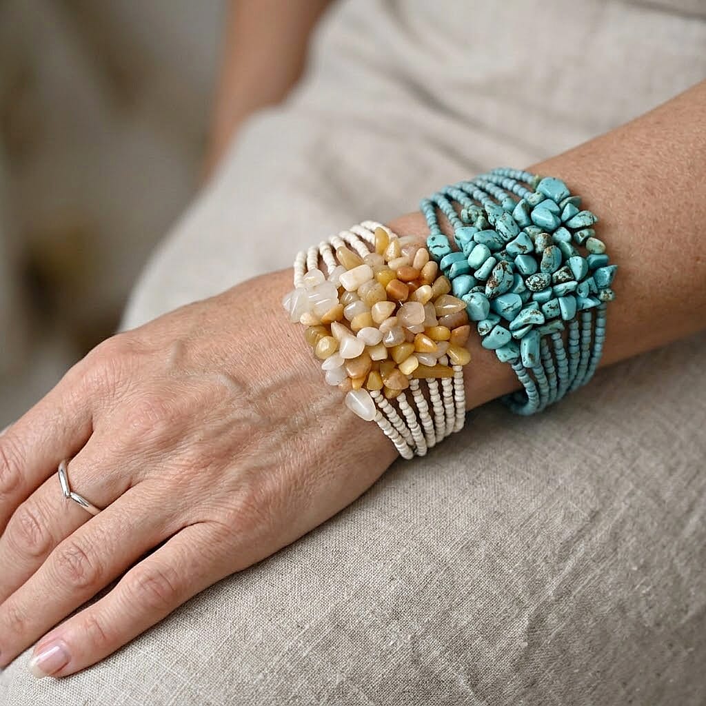 Set of 2 - Rough Stone and Seed Bead Adjustable Cuff Bracelet