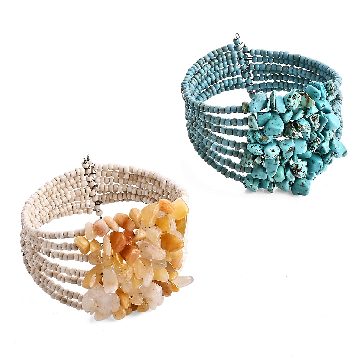 SET of 2 - Rough Stone and Seed Bead Adjustable Cuff Bracelet image number 2
