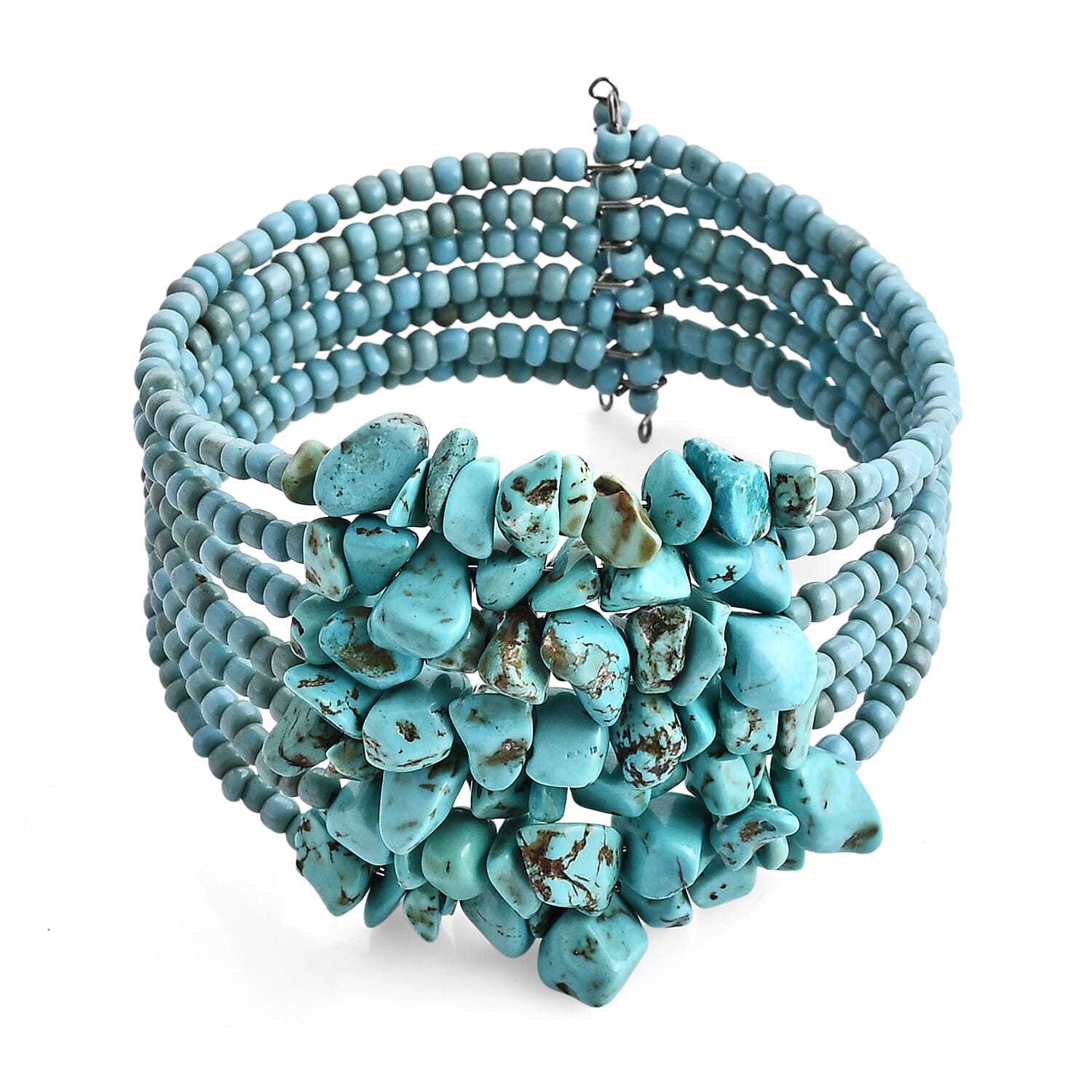 Set of 2 - Rough Stone and Seed Bead Adjustable Cuff Bracelet