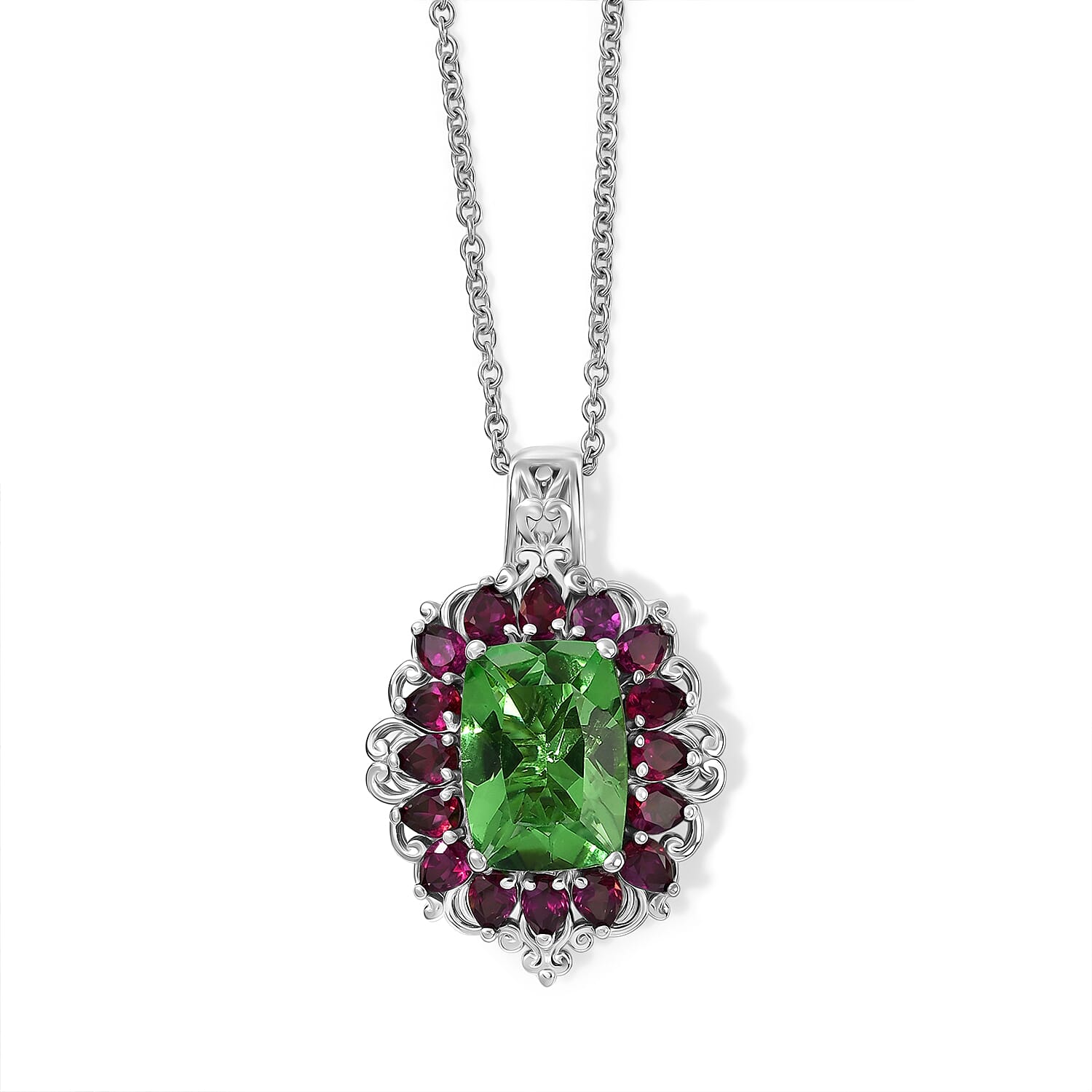 EverTrue Chartreuse Quartz (Triplet) and Orissa Rose Garnet 9.90 ctw Pendant in Platinum Bond with Stainless Steel Necklace 20 Inches