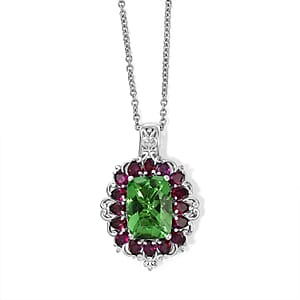EverTrue Chartreuse Quartz (Triplet) and Orissa Rose Garnet 9.90 ctw Pendant in Platinum Bond with Stainless Steel Necklace 20 Inches (Ships in 10-12 Days)