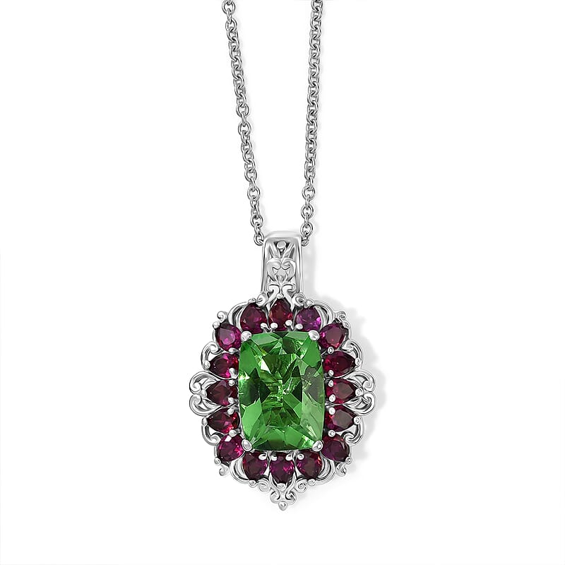 EverTrue Chartreuse Quartz (Triplet) and Orissa Rose Garnet 9.90 ctw Pendant in Platinum Bond with Stainless Steel Necklace 20 Inches