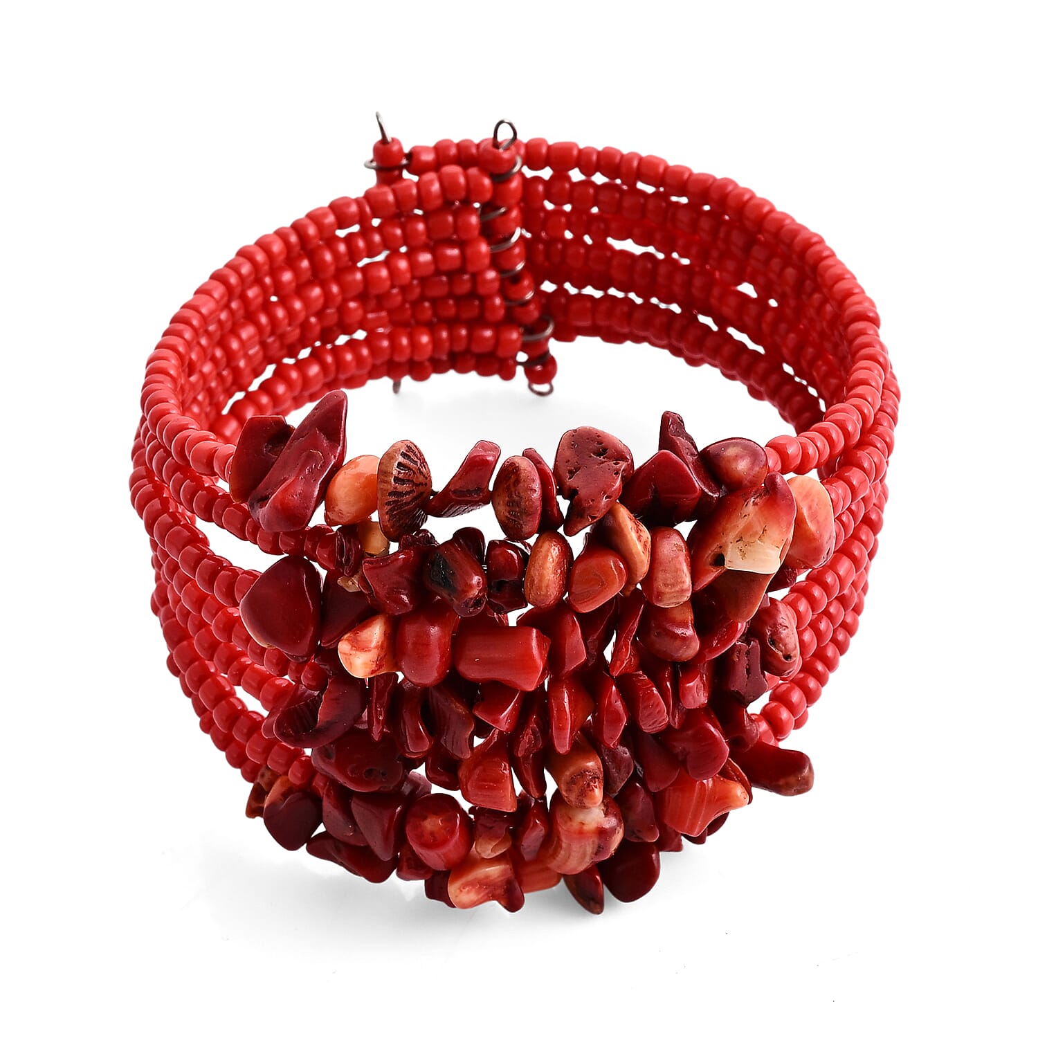 Set of 2 - Rough Stone and Seed Bead Adjustable Cuff Bracelet