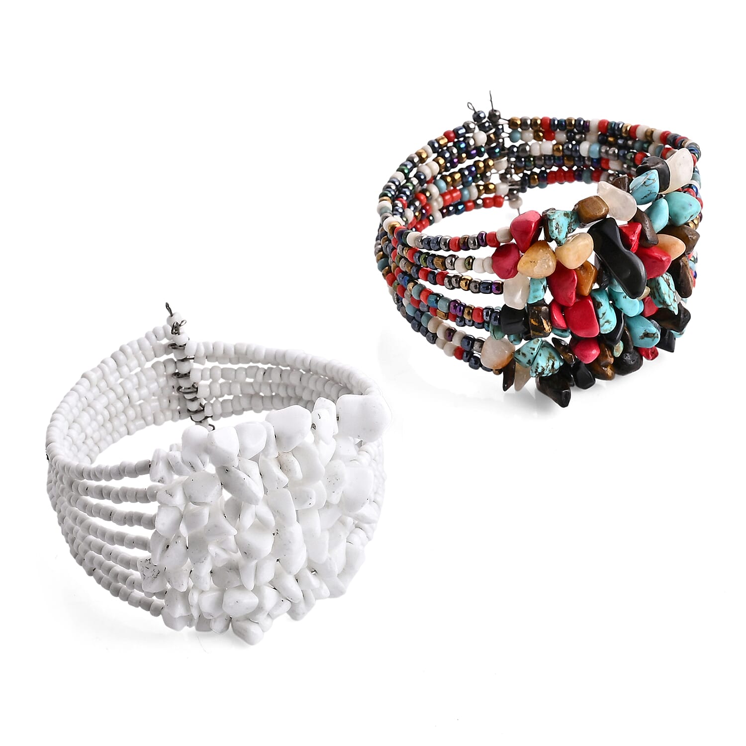 Set of 2 - Rough Stone and Seed Bead Adjustable Cuff Bracelet