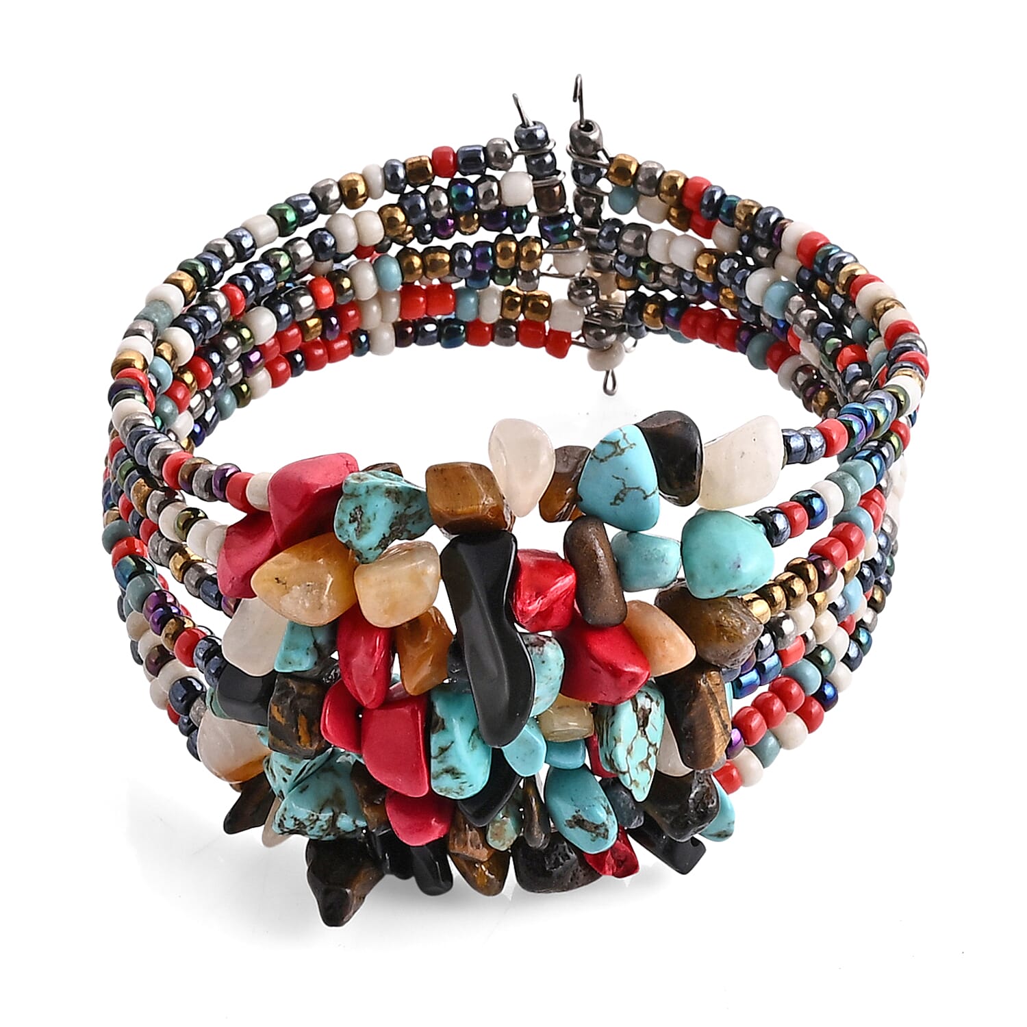 Set of 2 - Rough Stone and Seed Bead Adjustable Cuff Bracelet