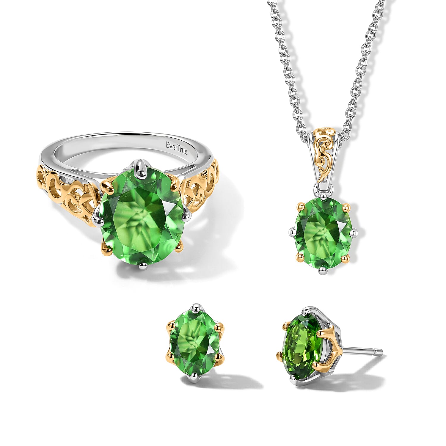 EverTrue Chartreuse Quartz Vintage Frame Set Earrings, Ring (Size 5.0) and Pendant in 18K YG Plated and Platinum Bond with Stainless Steel Necklace (20 Inches) 11.60 ctw