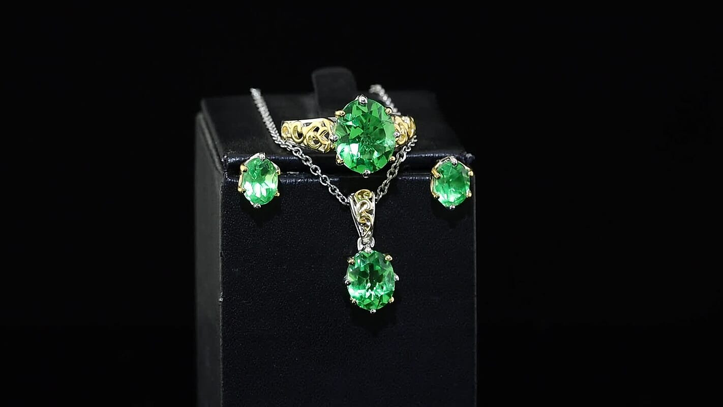 EverTrue Chartreuse Quartz Vintage Frame Set Earrings, Ring (Size 5.0) and Pendant in 18K YG Plated and Platinum Bond with Stainless Steel Necklace (20 Inches) 11.60 ctw