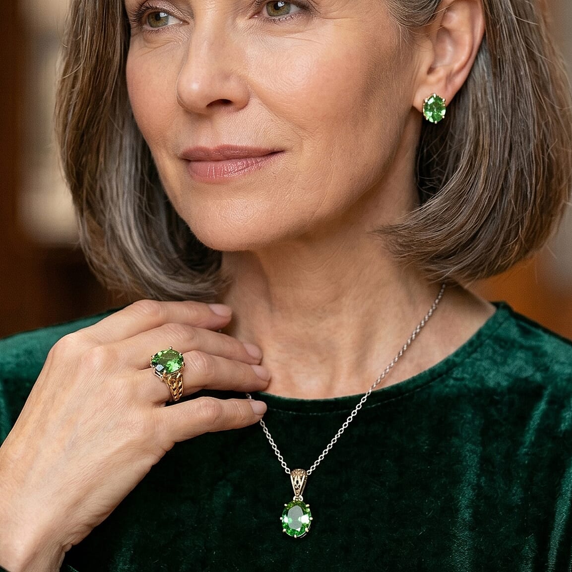 EverTrue Chartreuse Quartz (Triplet) 11.60 ctw Earrings, Ring (Size 6.0) and Pendant in 18K YG Plated and Platinum Bond with Stainless Steel Necklace 20 Inches