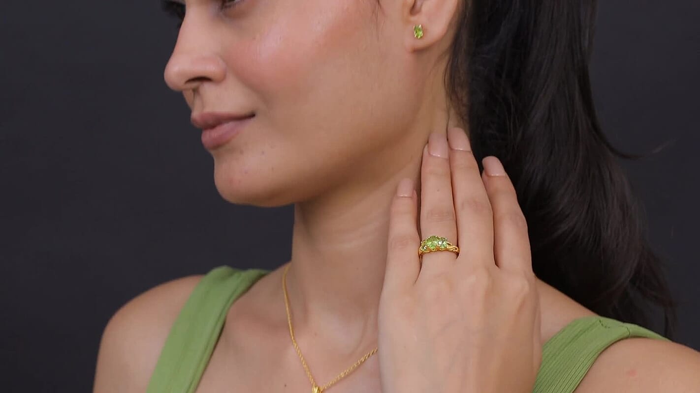 EverTrue Hebei Peridot 4.35 ctw Earrings, Ring (Size 7) and Pendant in 18K YG Plated with ION Plated YG Stainless Steel Necklace 20 Inches