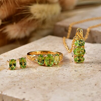 EverTrue Hebei Peridot 4.35 ctw Earrings, Ring (Size 7) and Pendant in 18K YG Plated with ION Plated YG Stainless Steel Necklace 20 Inches