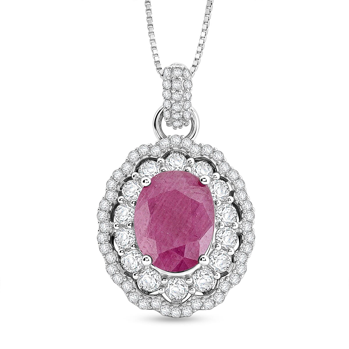 D'Joy Premium Natural Ruby and Moissanite 3.20 ctw Scarlet Halo Pendant Necklace in Rhodium Over Sterling Silver 18 Inches