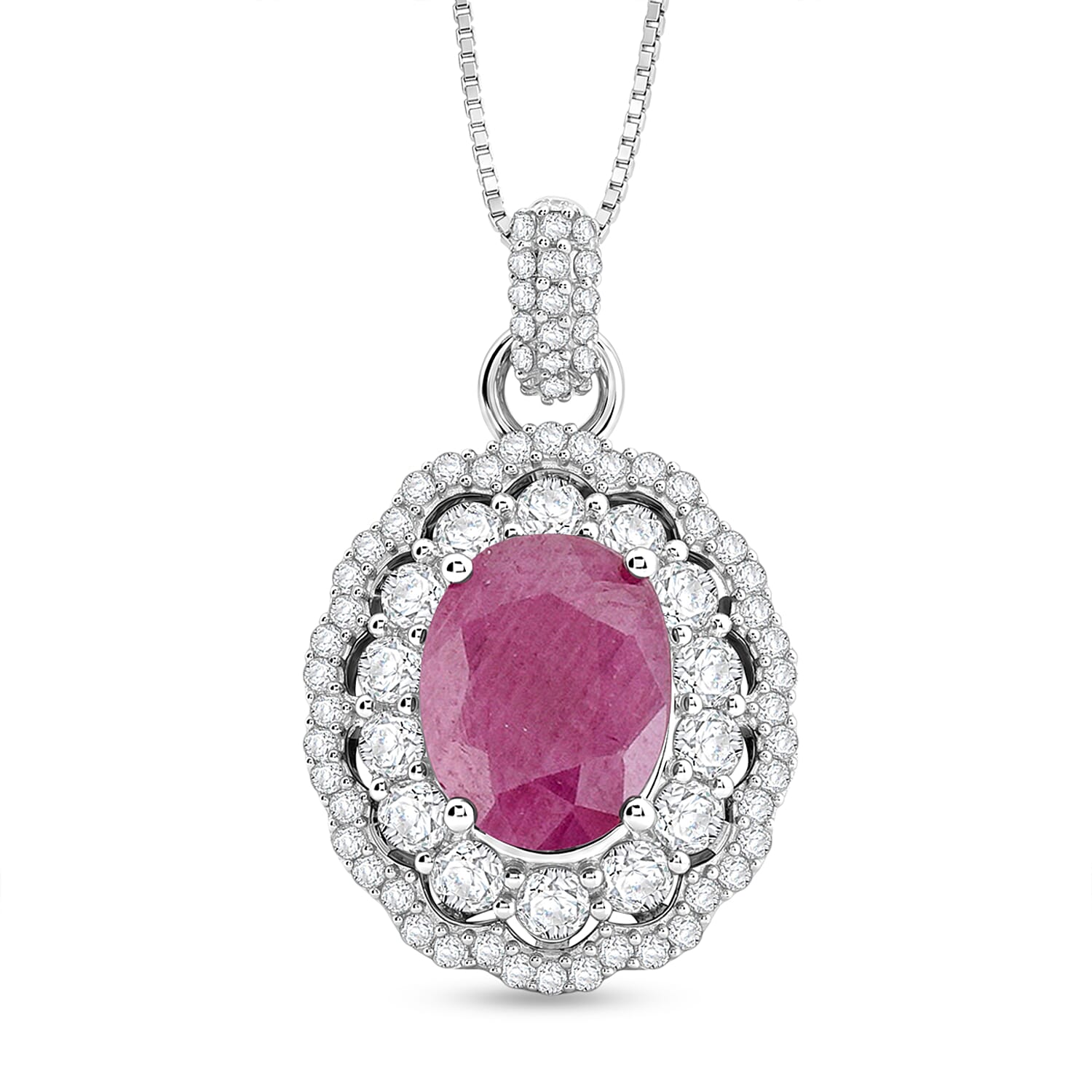D'Joy Premium Natural Ruby and Moissanite 3.20 ctw Scarlet Halo Pendant Necklace in Rhodium Over Sterling Silver 18 Inches